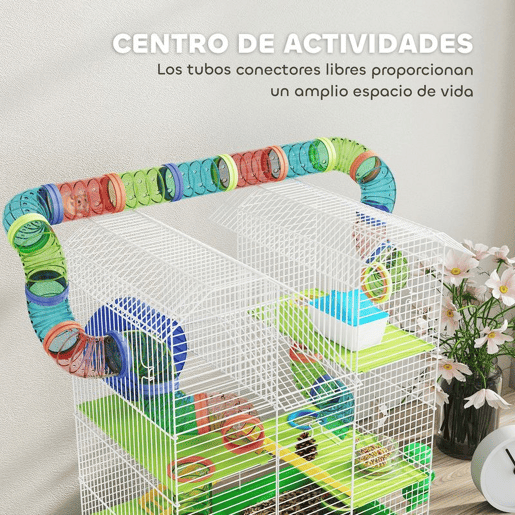 PawHut Gaiola para Hamster de 5 Níveis 47x30x59 cm Casa para Animais Pequenos com Túneis Tigela Bebedouro Casinha Roda de Exercício Rampas para Hamsters e Gerbos Verde