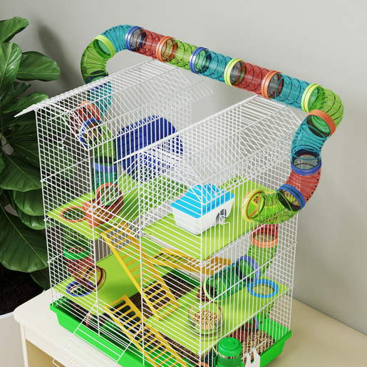 PawHut Gaiola para Hamster de 5 Níveis 47x30x59 cm Casa para Animais Pequenos com Túneis Tigela Bebedouro Casinha Roda de Exercício Rampas para Hamsters e Gerbos Verde
