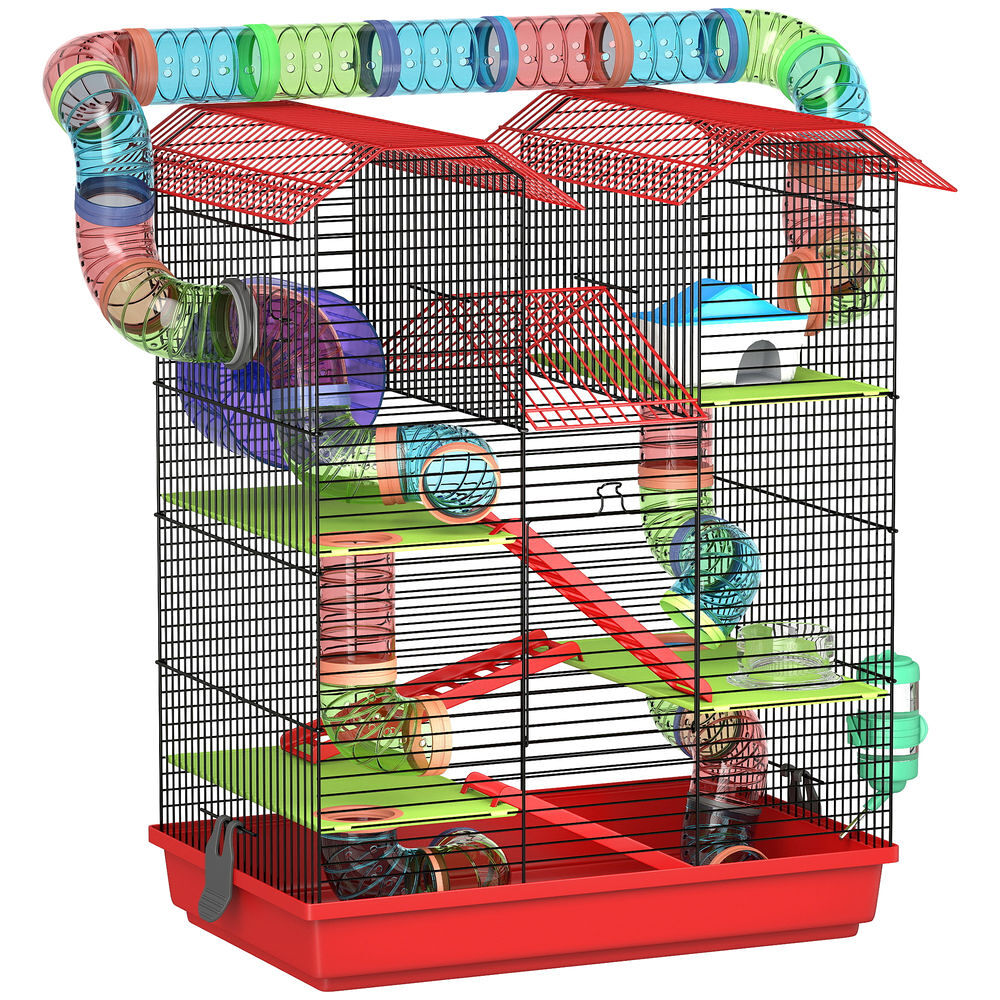 Pawhut jaula para hámster de 5 niveles, 47x30x59 cm, casa para animales pequeños con túnel, comedero, bebedero, casita, rueda de ejercicio, escaleras, para ratas y jerbos, rojo