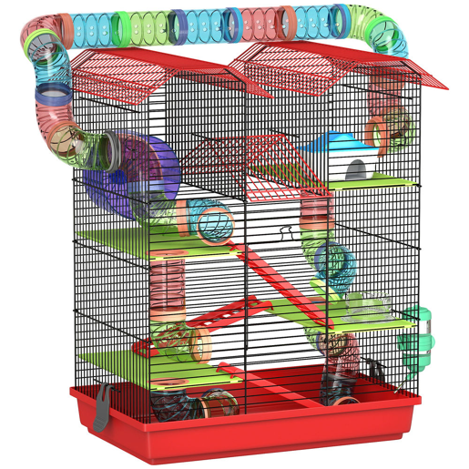 PawHut Gaiola para Hamster de 5 Níveis 47x30x59 cm Casa para Animais Pequenos com Túneis Tigela Bebedouro Casinha Roda de Exercício Rampas para Hamsters e Gerbos Vermelho