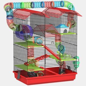 PawHut Gaiola para Hamster de 5 Níveis 47x30x59 cm Casa para Animais Pequenos com Túneis Tigela Bebedouro Casinha Roda de Exercício Rampas para Hamsters e Gerbos Vermelho