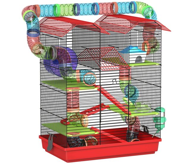 Pawhut jaula para hámster de 5 niveles, 47x30x59 cm, casa para animales pequeños con túnel, comedero, bebedero, casita, rueda de ejercicio, escaleras, para roborowski, jerbos, rojo