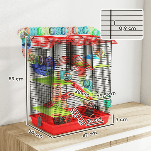 PawHut Gaiola para Hamster de 5 Níveis 47x30x59 cm Casa para Animais Pequenos com Túneis Tigela Bebedouro Casinha Roda de Exercício Rampas para Hamsters e Gerbos Vermelho