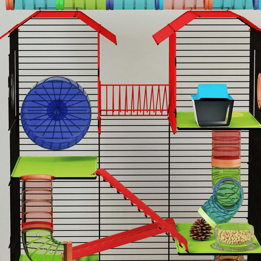 PawHut Gaiola para Hamster de 5 Níveis 47x30x59 cm Casa para Animais Pequenos com Túneis Tigela Bebedouro Casinha Roda de Exercício Rampas para Hamsters e Gerbos Vermelho