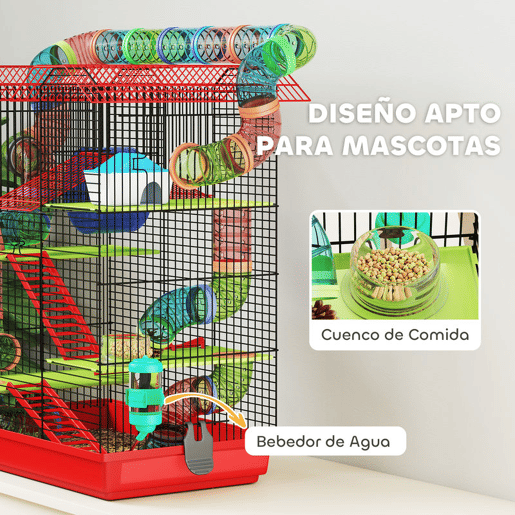 PawHut Gaiola para Hamster de 5 Níveis 47x30x59 cm Casa para Animais Pequenos com Túneis Tigela Bebedouro Casinha Roda de Exercício Rampas para Hamsters e Gerbos Vermelho
