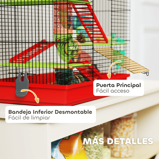 PawHut Gaiola para Hamster de 5 Níveis 47x30x59 cm Casa para Animais Pequenos com Túneis Tigela Bebedouro Casinha Roda de Exercício Rampas para Hamsters e Gerbos Vermelho