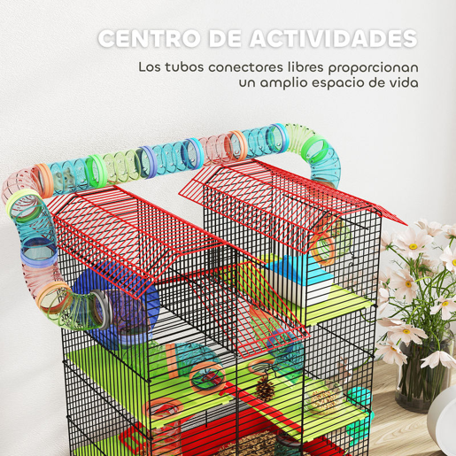 PawHut Gaiola para Hamster de 5 Níveis 47x30x59 cm Casa para Animais Pequenos com Túneis Tigela Bebedouro Casinha Roda de Exercício Rampas para Hamsters e Gerbos Vermelho