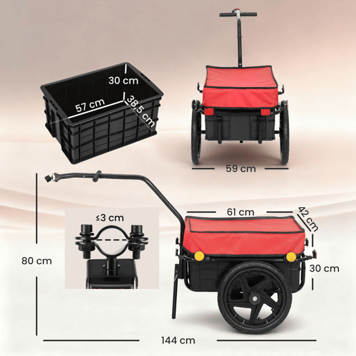 HOMCOM Reboque de Bicicleta para Carga 40 kg Carrinho de Mão com Cobertura de Tecido Oxford Impermeável, Refletores Estrutura de Aço e Alças para Transporte de Bagagem 144x59x80 cm Vermelho e Preto