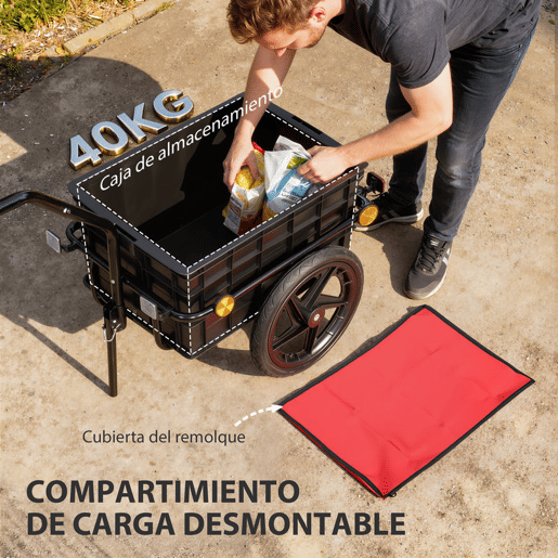 HOMCOM Reboque de Bicicleta para Carga 40 kg Carrinho de Mão com Cobertura de Tecido Oxford Impermeável, Refletores Estrutura de Aço e Alças para Transporte de Bagagem 144x59x80 cm Vermelho e Preto