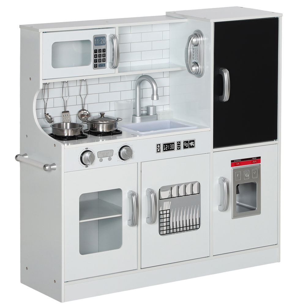Aiyaplay cocina de juguete cocina para niños de +3 años cocinita infantil de madera con accesorios para cocinar pizarra máquina de hielo y teléfono 83,8x26,8x81 cm blanco