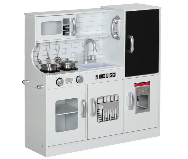 Aiyaplay cocina de juguete cocina para niños de +3 años cocinita infantil de madera con accesorios para cocinar pizarra máquina de hielo y teléfono 83,8x26,8x81 cm blanco