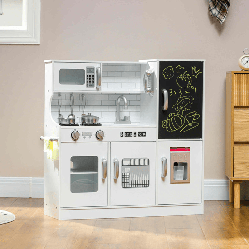 AIYAPLAY Cozinha de Brincar para Crianças acima de 3 anos Cozinha Infantil de Madeira com Acessórios Máquina de Gelo Ardósia e Telefone 83,8x26,8x81 cm Branco
