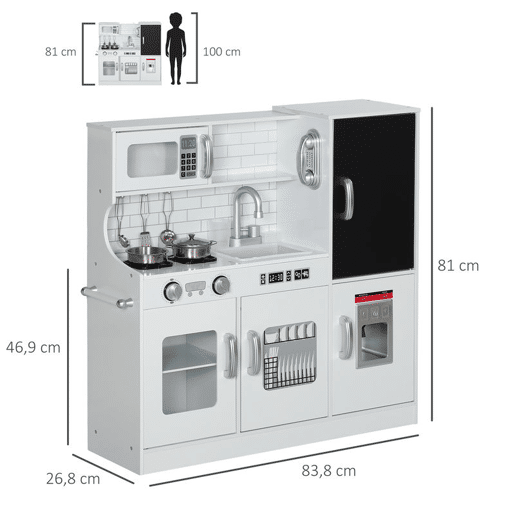 AIYAPLAY Cozinha de Brincar para Crianças acima de 3 anos Cozinha Infantil de Madeira com Acessórios Máquina de Gelo Ardósia e Telefone 83,8x26,8x81 cm Branco