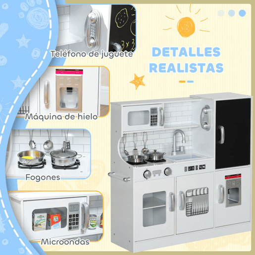 AIYAPLAY Cozinha de Brincar para Crianças acima de 3 anos Cozinha Infantil de Madeira com Acessórios Máquina de Gelo Ardósia e Telefone 83,8x26,8x81 cm Branco
