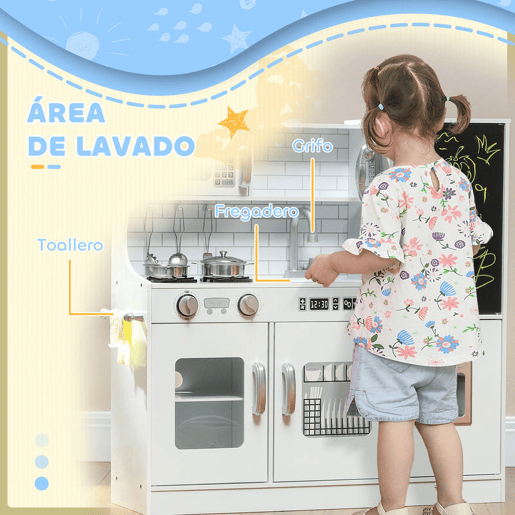 AIYAPLAY Cozinha de Brincar para Crianças acima de 3 anos Cozinha Infantil de Madeira com Acessórios Máquina de Gelo Ardósia e Telefone 83,8x26,8x81 cm Branco