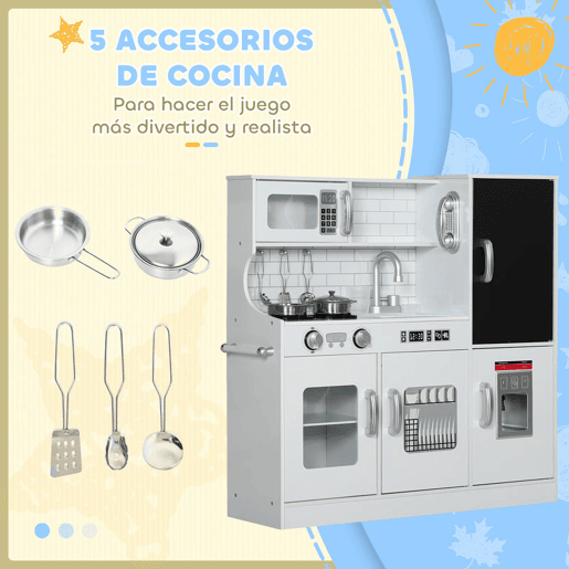 AIYAPLAY Cozinha de Brincar para Crianças acima de 3 anos Cozinha Infantil de Madeira com Acessórios Máquina de Gelo Ardósia e Telefone 83,8x26,8x81 cm Branco