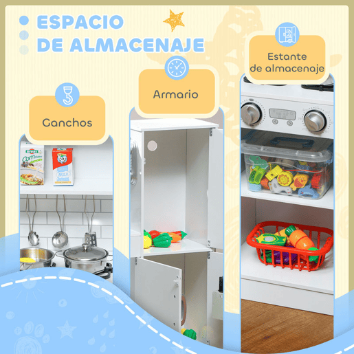 AIYAPLAY Cozinha de Brincar para Crianças acima de 3 anos Cozinha Infantil de Madeira com Acessórios Máquina de Gelo Ardósia e Telefone 83,8x26,8x81 cm Branco