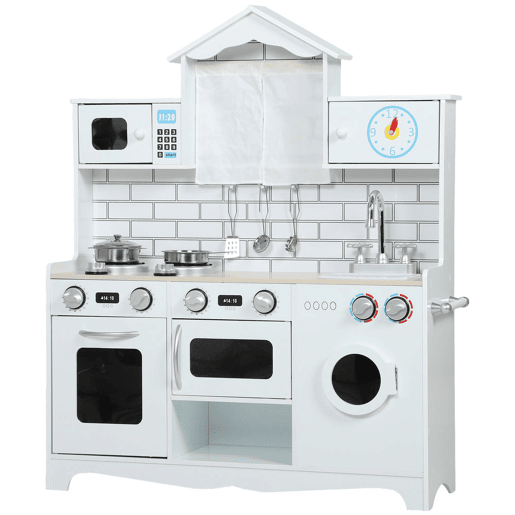 AIYAPLAY Cozinha de Madeira com Som e Cortinas Cozinha de Brincar Infantil com Acessórios em Aço Inoxidável, Máquina de Lavar Micro-ondas, Lava-Loiça para Crianças a partir dos 3 Anos 79,5x24x94 cm Branco