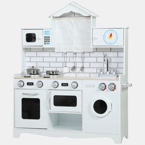AIYAPLAY Cozinha de Madeira com Som e Cortinas Cozinha de Brincar Infantil com Acessórios em Aço Inoxidável, Máquina de Lavar Micro-ondas, Lava-Loiça para Crianças a partir dos 3 Anos 79,5x24x94 cm Branco
