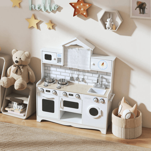 AIYAPLAY Cozinha de Madeira com Som e Cortinas Cozinha de Brincar Infantil com Acessórios em Aço Inoxidável, Máquina de Lavar Micro-ondas, Lava-Loiça para Crianças a partir dos 3 Anos 79,5x24x94 cm Branco