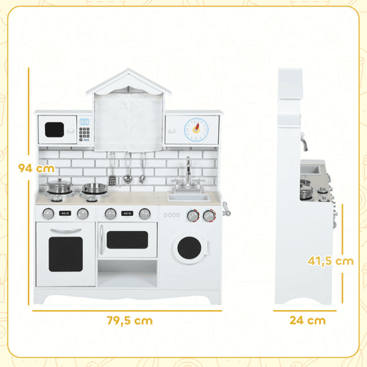 AIYAPLAY Cozinha de Madeira com Som e Cortinas Cozinha de Brincar Infantil com Acessórios em Aço Inoxidável, Máquina de Lavar Micro-ondas, Lava-Loiça para Crianças a partir dos 3 Anos 79,5x24x94 cm Branco