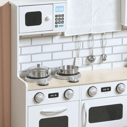AIYAPLAY Cozinha de Madeira com Som e Cortinas Cozinha de Brincar Infantil com Acessórios em Aço Inoxidável, Máquina de Lavar Micro-ondas, Lava-Loiça para Crianças a partir dos 3 Anos 79,5x24x94 cm Branco