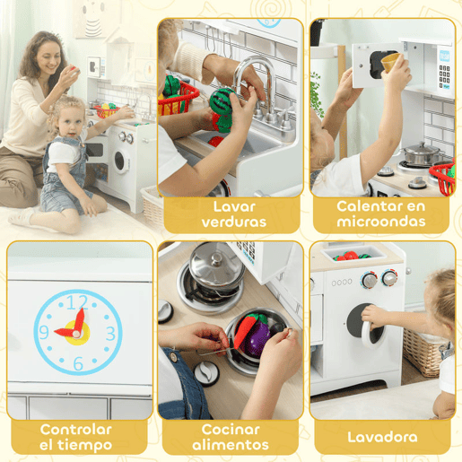 AIYAPLAY Cozinha de Madeira com Som e Cortinas Cozinha de Brincar Infantil com Acessórios em Aço Inoxidável, Máquina de Lavar Micro-ondas, Lava-Loiça para Crianças a partir dos 3 Anos 79,5x24x94 cm Branco