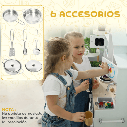 AIYAPLAY Cozinha de Madeira com Som e Cortinas Cozinha de Brincar Infantil com Acessórios em Aço Inoxidável, Máquina de Lavar Micro-ondas, Lava-Loiça para Crianças a partir dos 3 Anos 79,5x24x94 cm Branco