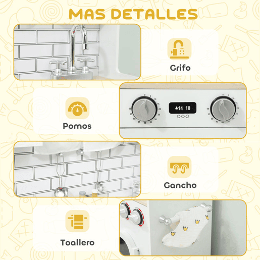 AIYAPLAY Cozinha de Madeira com Som e Cortinas Cozinha de Brincar Infantil com Acessórios em Aço Inoxidável, Máquina de Lavar Micro-ondas, Lava-Loiça para Crianças a partir dos 3 Anos 79,5x24x94 cm Branco