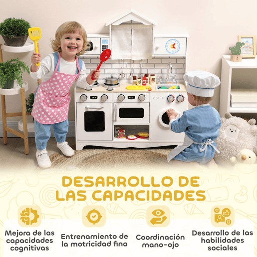 AIYAPLAY Cozinha de Madeira com Som e Cortinas Cozinha de Brincar Infantil com Acessórios em Aço Inoxidável, Máquina de Lavar Micro-ondas, Lava-Loiça para Crianças a partir dos 3 Anos 79,5x24x94 cm Branco