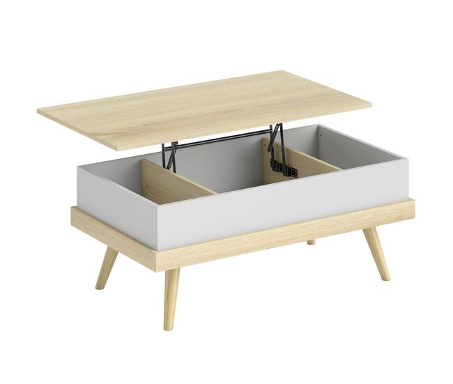 Homcom mesa de centro elevable, mesita de salón con 3 compartimientos de almacenaje ocultos y patas de madera, mesa de café para oficina, dormitorio, 100x79x54 cm, natural y blanco