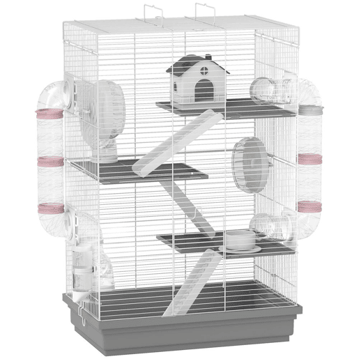 PawHut Gaiola para Hámster 47x30x70 cm Casa para Animais Pequenos com Túnel Plataformas Tigela Bebedouro Casinha Rampas e Roda de Exercício para Hámsters Anões Gerbos Cinzento