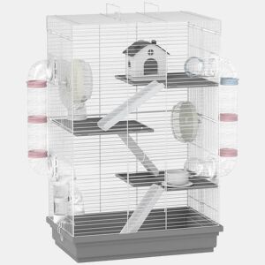 PawHut Gaiola para Hámster 47x30x70 cm Casa para Animais Pequenos com Túnel Plataformas Tigela Bebedouro Casinha Rampas e Roda de Exercício para Hámsters Anões Gerbos Cinzento