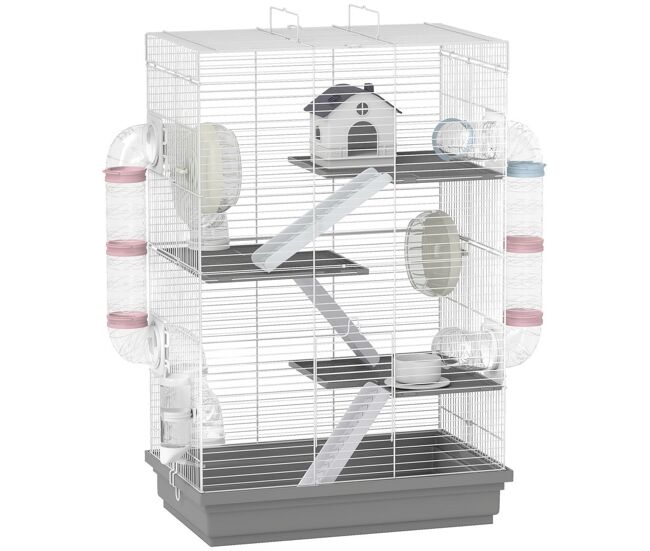 Pawhut jaula para hámster, 47x30x70 cm, casa para animales pequeños con túnel, plataformas, cuenco, bebedero, casita, rampas y rueda de ejercicio, para hámsteres enanos, jerbos, gris