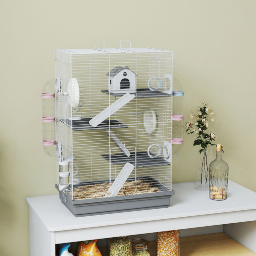 PawHut Gaiola para Hámster 47x30x70 cm Casa para Animais Pequenos com Túnel Plataformas Tigela Bebedouro Casinha Rampas e Roda de Exercício para Hámsters Anões Gerbos Cinzento