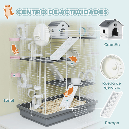 PawHut Gaiola para Hámster 47x30x70 cm Casa para Animais Pequenos com Túnel Plataformas Tigela Bebedouro Casinha Rampas e Roda de Exercício para Hámsters Anões Gerbos Cinzento