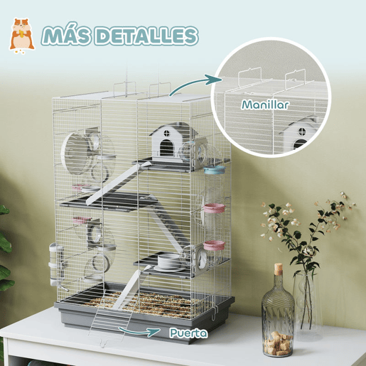 PawHut Gaiola para Hámster 47x30x70 cm Casa para Animais Pequenos com Túnel Plataformas Tigela Bebedouro Casinha Rampas e Roda de Exercício para Hámsters Anões Gerbos Cinzento