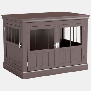 PawHut Gaiola para Cães com Mesa Auxiliar Casa para Animais de Estimação Moderna com 3 Portas Francês e Fecho Magnético para Cães Pequenos 78x53x59,3 cm Castanho