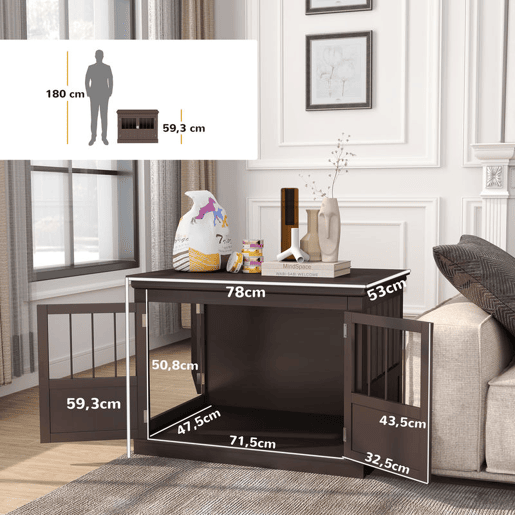 PawHut Gaiola para Cães com Mesa Auxiliar Casa para Animais de Estimação Moderna com 3 Portas Francês e Fecho Magnético para Cães Pequenos 78x53x59,3 cm Castanho