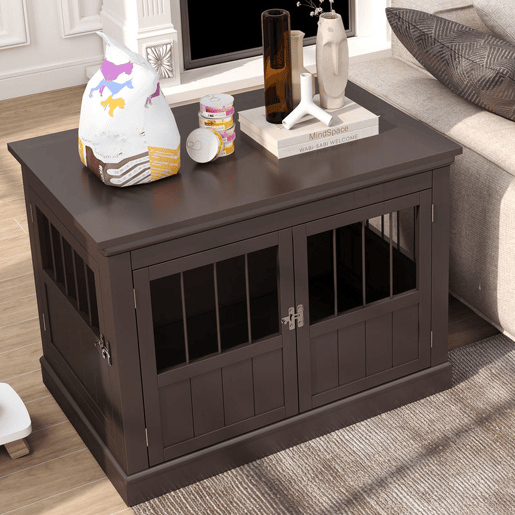 PawHut Gaiola para Cães com Mesa Auxiliar Casa para Animais de Estimação Moderna com 3 Portas Francês e Fecho Magnético para Cães Pequenos 78x53x59,3 cm Castanho