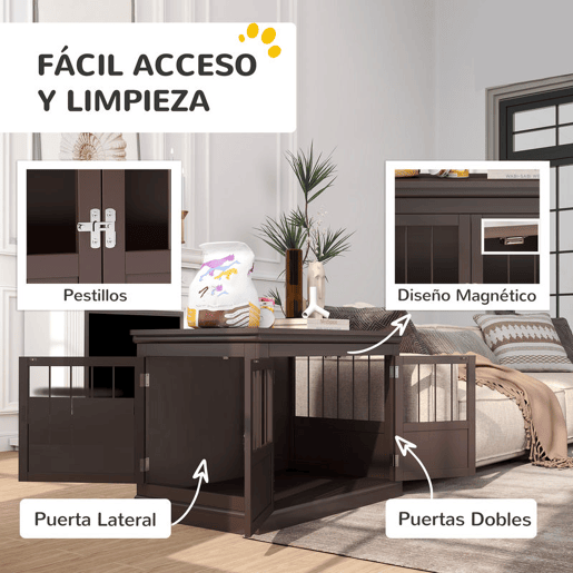 PawHut Gaiola para Cães com Mesa Auxiliar Casa para Animais de Estimação Moderna com 3 Portas Francês e Fecho Magnético para Cães Pequenos 78x53x59,3 cm Castanho