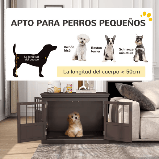 PawHut Gaiola para Cães com Mesa Auxiliar Casa para Animais de Estimação Moderna com 3 Portas Francês e Fecho Magnético para Cães Pequenos 78x53x59,3 cm Castanho
