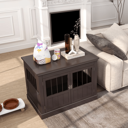 PawHut Gaiola para Cães com Mesa Auxiliar Casa para Animais de Estimação Moderna com 3 Portas Francês e Fecho Magnético para Cães Pequenos 78x53x59,3 cm Castanho