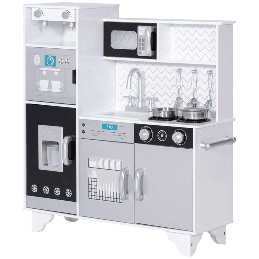 AIYAPLAY Cozinha de Madeira com Som Cozinha Infantil com Acessórios em Aço Inoxidável Micro-Ondas, Máquina de Gelo Cafeteira, Máquina de Lavar Loiça para Crianças a partir dos 3 Anos 79,5x24x83,8 cm Branco