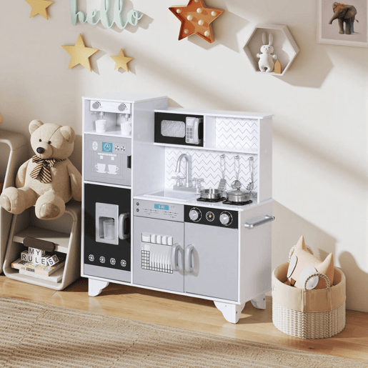 AIYAPLAY Cozinha de Madeira com Som Cozinha Infantil com Acessórios em Aço Inoxidável Micro-Ondas, Máquina de Gelo Cafeteira, Máquina de Lavar Loiça para Crianças a partir dos 3 Anos 79,5x24x83,8 cm Branco