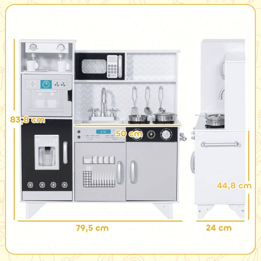 AIYAPLAY Cozinha de Madeira com Som Cozinha Infantil com Acessórios em Aço Inoxidável Micro-Ondas, Máquina de Gelo Cafeteira, Máquina de Lavar Loiça para Crianças a partir dos 3 Anos 79,5x24x83,8 cm Branco