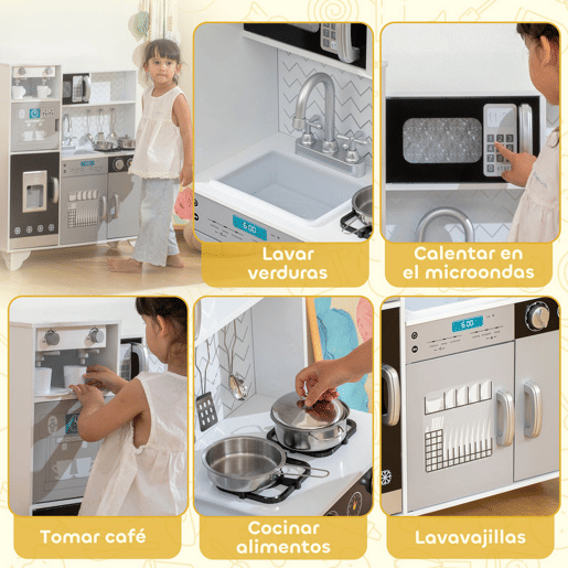 AIYAPLAY Cozinha de Madeira com Som Cozinha Infantil com Acessórios em Aço Inoxidável Micro-Ondas, Máquina de Gelo Cafeteira, Máquina de Lavar Loiça para Crianças a partir dos 3 Anos 79,5x24x83,8 cm Branco