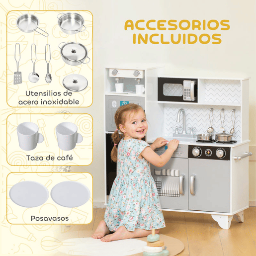 AIYAPLAY Cozinha de Madeira com Som Cozinha Infantil com Acessórios em Aço Inoxidável Micro-Ondas, Máquina de Gelo Cafeteira, Máquina de Lavar Loiça para Crianças a partir dos 3 Anos 79,5x24x83,8 cm Branco