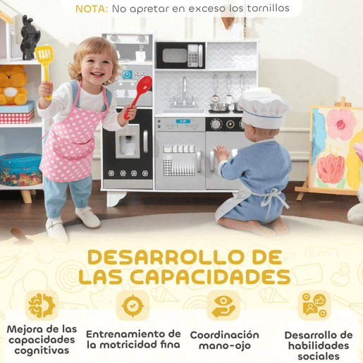 AIYAPLAY Cozinha de Madeira com Som Cozinha Infantil com Acessórios em Aço Inoxidável Micro-Ondas, Máquina de Gelo Cafeteira, Máquina de Lavar Loiça para Crianças a partir dos 3 Anos 79,5x24x83,8 cm Branco