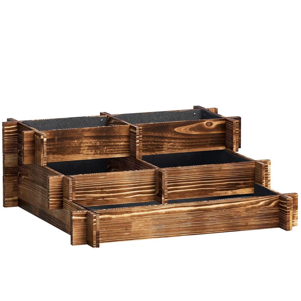 Outsunny jardinera de madera arriate de jardín de 3 niveles con diseño de escalera y tela no tejida huerto urbano para cultivos plantas flores para terraza jardín 93x93x35 cm carbonizado